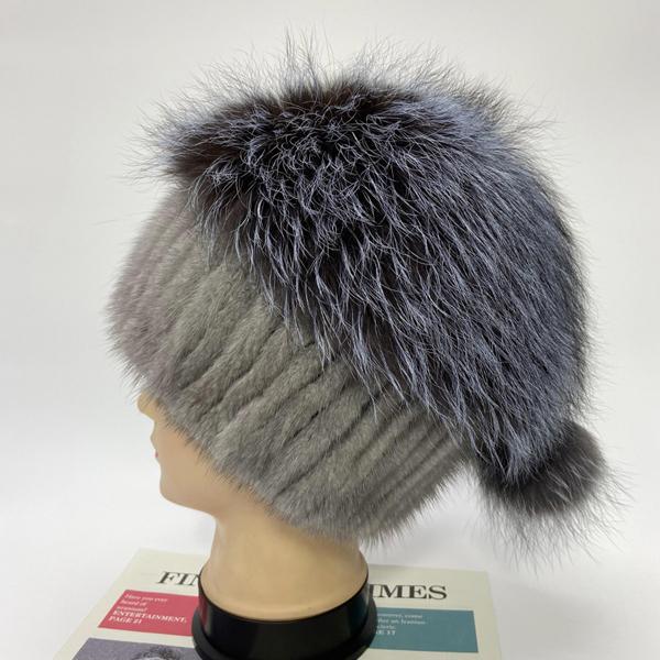Зимние шапки для женщин вязаные шапки из меха норки стильные теплые женские шапки с помпоном One Size серый