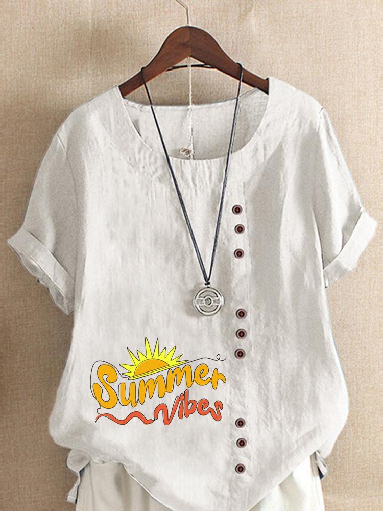 Women's Fashion Letter Print Round Neck Short Sleeve T-shirt Casual Cotton Linen Graphic Shirt Leisure Loose Summer Blouse Tops