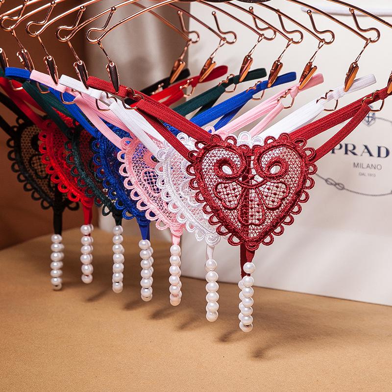 Retro Pearl Heart Embellished Low Waist Thong - Women's Beaded Seduction Panties (Style: 2253)