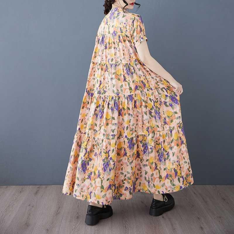 Cotton 2025 Summer Women's Loose Large Size Fashion Printed Long Dresses