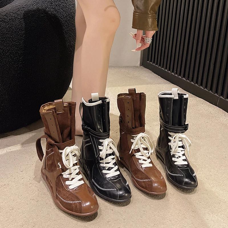 Fashion Luxury Vintage Booster Boots Women's Fall Autumn Winter Boxing Frosted Leather Lace-up Ankle Boots Zapatos De Mujer Hot Selling