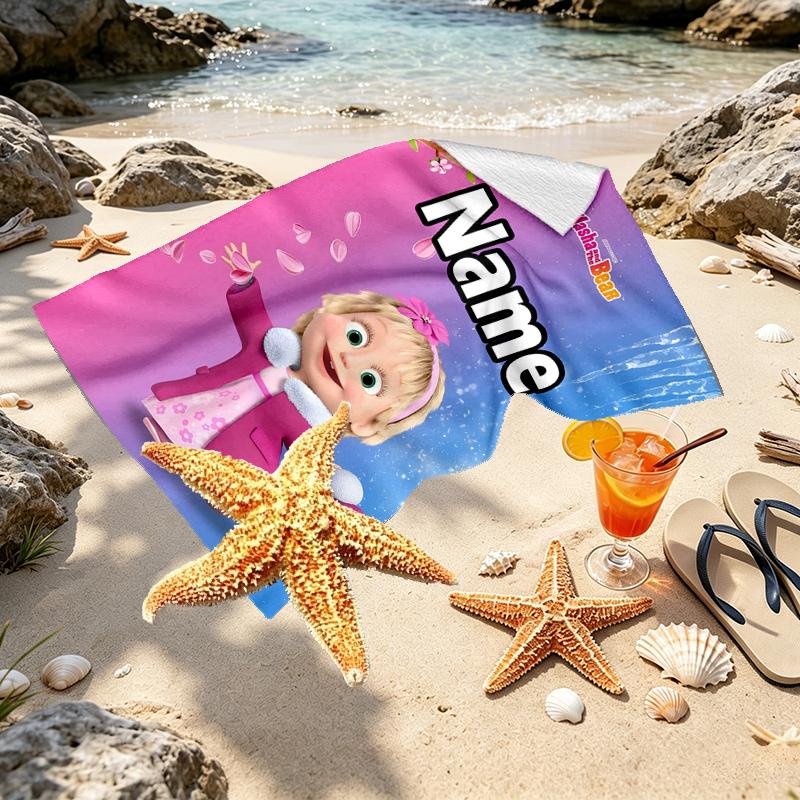 Asciugamano da Spiaggia Personalizzato con Nome Masha e Orso, per Viaggio Campeggio Festa in Spiaggia Decorazione Casa, Regalo di Compleanno per Famiglia e Amici