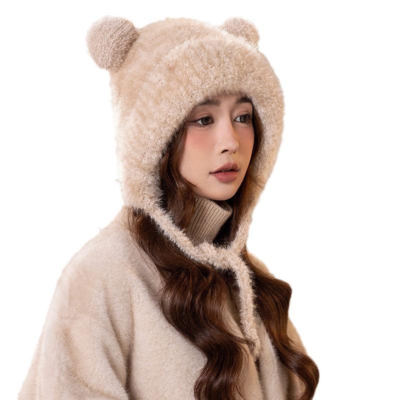 Cute bear fleece warm knitted ear hat women winter thickened cycling skiing plush pullover tide