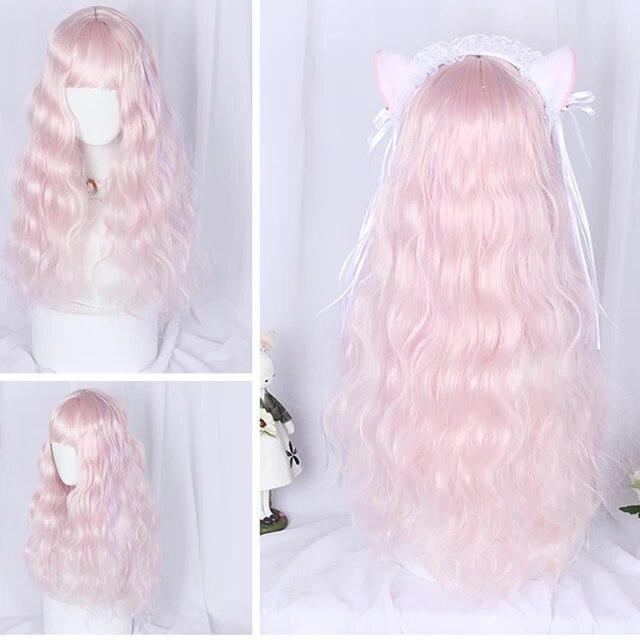 Perruque synthétique rose bouclée longue avec frange, cheveux naturels pour femmes, perruques de Cosplay mignonnes Lolita résistantes à la chaleur