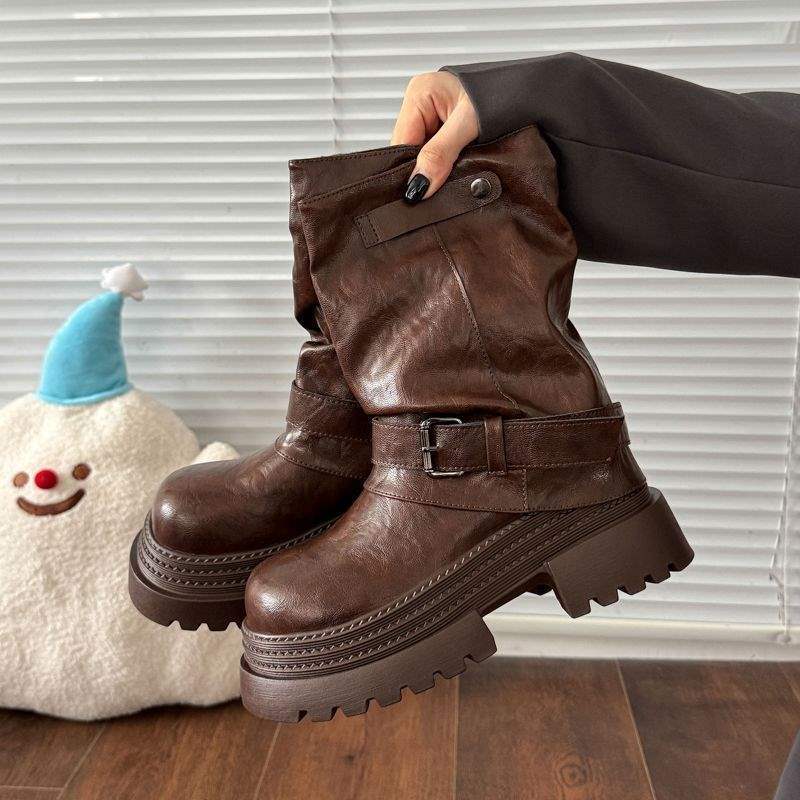 Thick-soled Maillard medium tube short boots for women 2025 new British style retro fashion pleated Martin boots autumn women