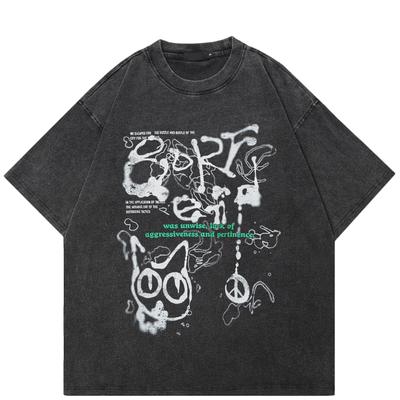 T-shirt Streetwear con Grafica Graffiti Gatto Lavato Nero Cotone Top Unisex Magliette Estive Maniche Corte