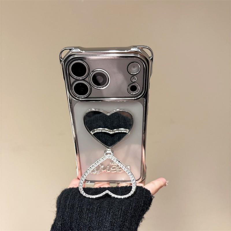 Luxurious Rhinestone Heart Mirror Kickstand Phone Case For iPhone 11 12 13 14 15 16 17 Pro Max 14 15 16 Plus 17Pro Air Y2K Cover