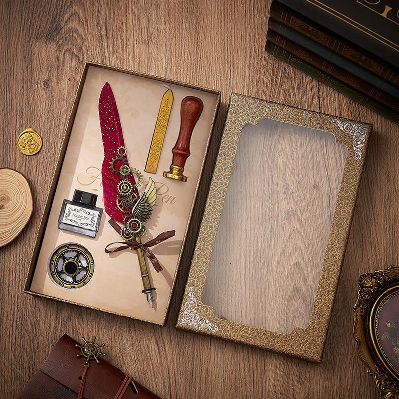 

5color Machine Feather Dip Pen Set,Wax Seal Stamp &Stick,Ink,Creative Quill Writing Artist Calligraphy Signature Pen 7002 червоний