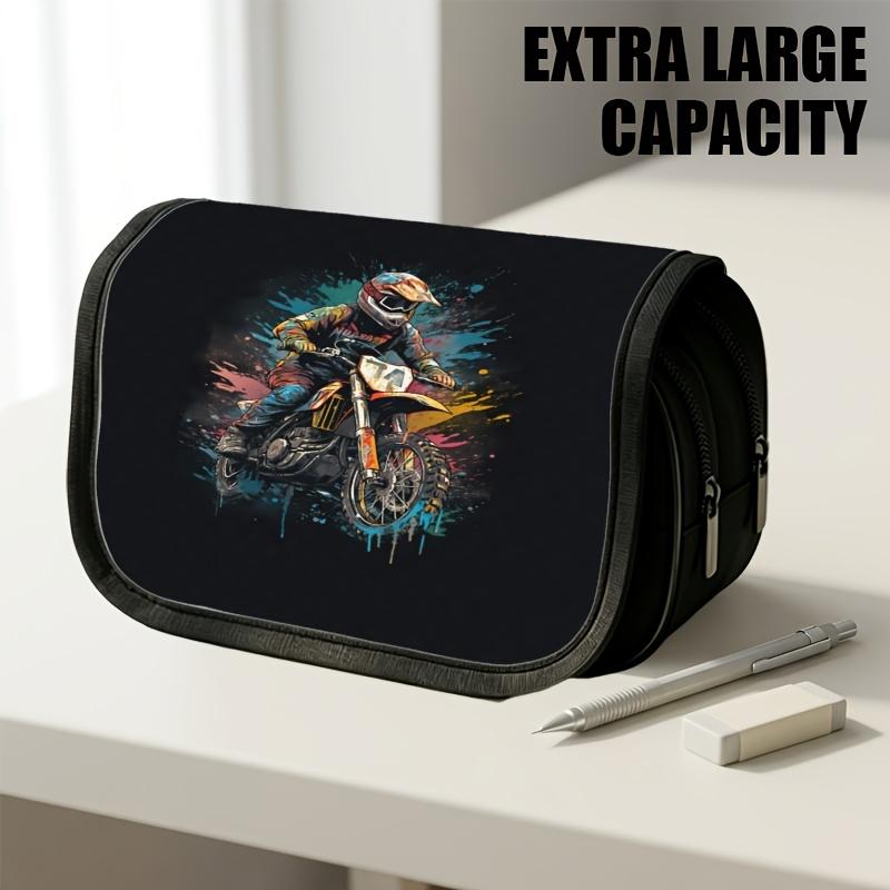 1pc Double Layer Flip Pencil Case, Colorful Motocross Rider, Large Capacity, Portable Polyester Pen Storage Bag with Zipper Closure, Ideal for School