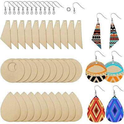 60Pcs Wooden Earring Pendant DIY Set Creative Geometric Teardrops and Cone Shaped Blank Wood Jewelry Making Accessories Crafts