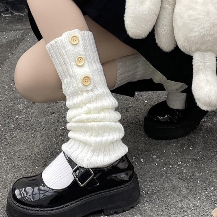 Women  Vintage Button Leg Warmers New Autumn Winter Knitted Socks with Yarn White Long Tube Pile Socks JK Keep Warm Leg Warmers
