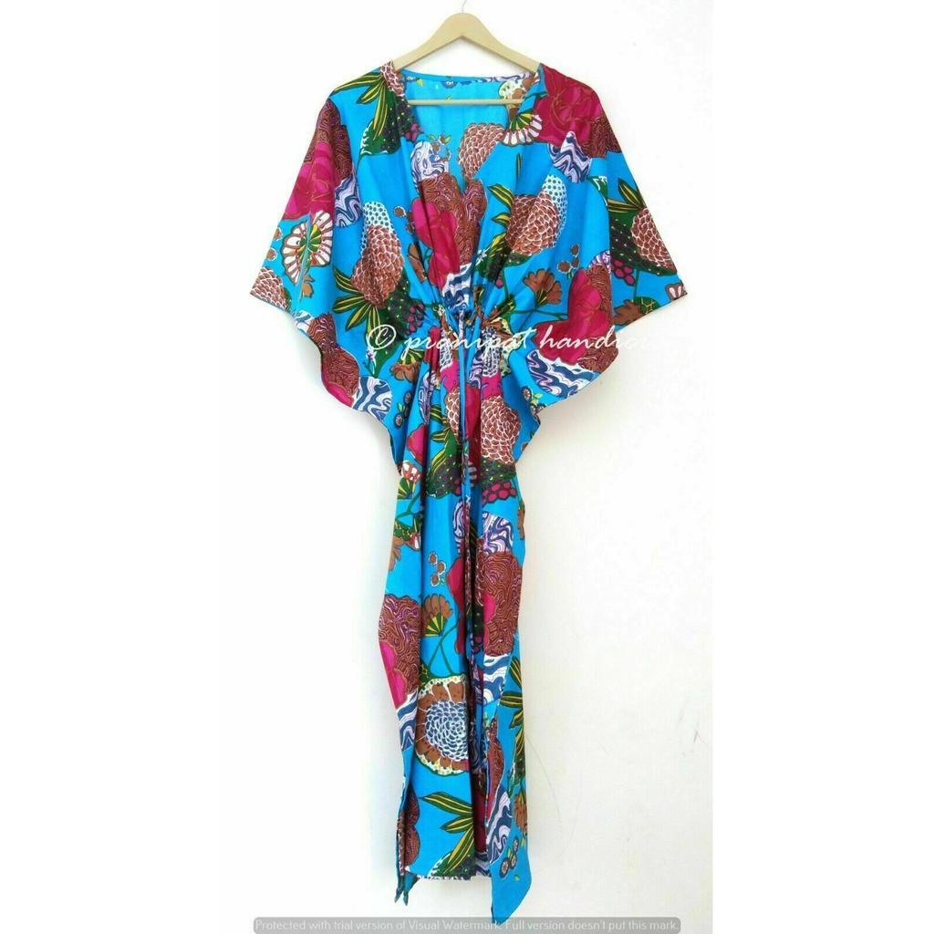 Turcoaz Indian Rochie Caftan Maxi Boho din Bumbac cu Imprimeu Lung de Fructe pentru Femei Articol de Noapte CKFTN-SCRN-FULL-BUYIT-026