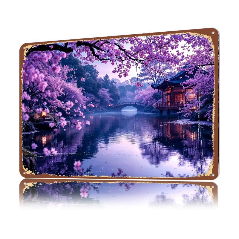 Japanese Garden With Cherry Blossoms D Texture Printed Poster Custom Vintage Metal Tin Plate Sign for Wall Art Decor Room House