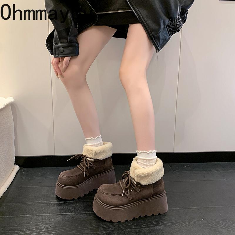 Winter Chunky Platform Heels Women Fur Snow Boots Keep Warm Height Increase Warm Cotton Short Booties Shoes  Mujer