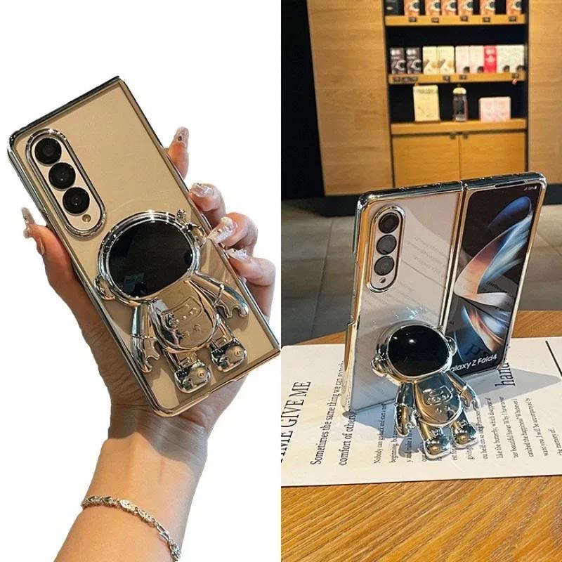 Luxury Clear Phone Case For Samsung Galaxy Z Fold 7 6 5 4 3 5G Fold7 Fold6 Astronaut Electroplated Transparent Kickstand Cover