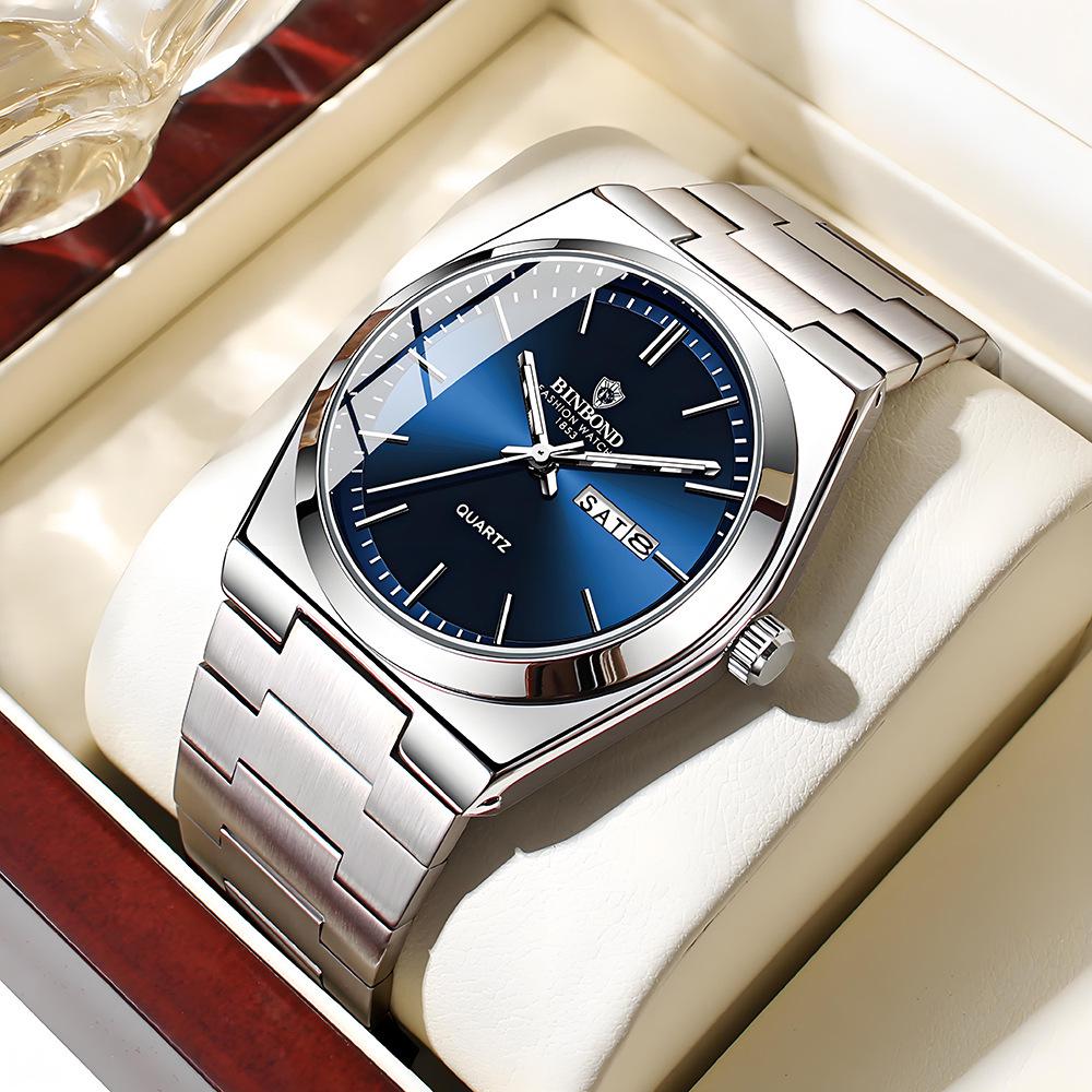 Binbang BINBOND Men s Fashion Stainless Steel Buckle Quartz Watch with Thin Double Calendar - Business Casual Style