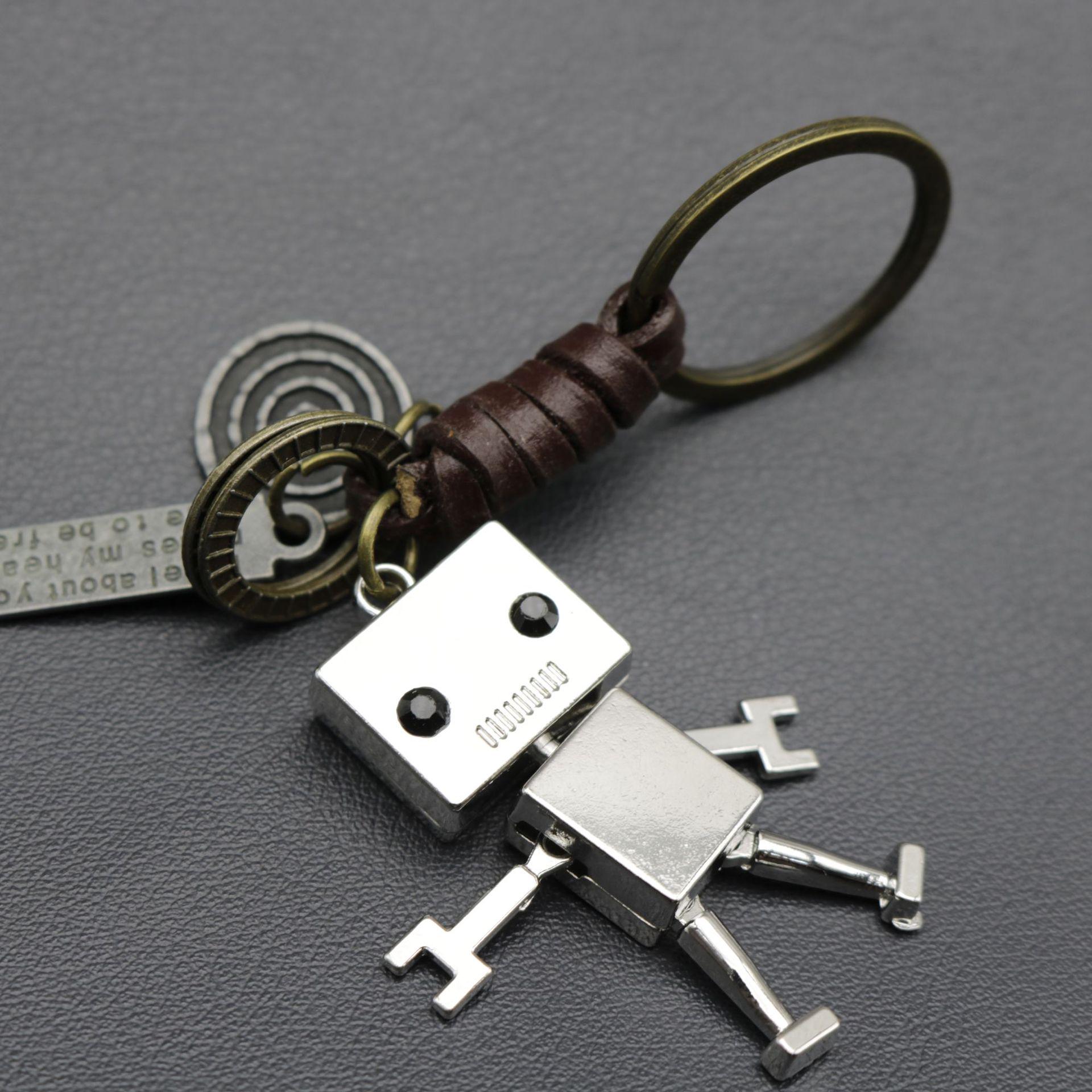 Cute Retro Cartoon Robot Leather Keychain Charm