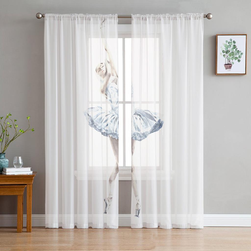 Ballet Dancer Girl Pink Flower Sheer Drapes Window Curtains for Living Room Bedroom Home Decor Cherry Blossoms Chiffon Curtain