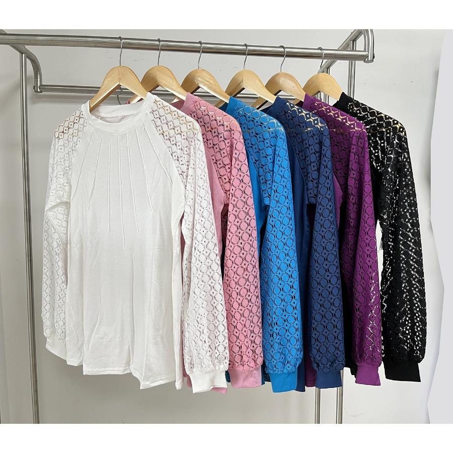 Autumn Winter Lace Patchwork Sleeves T Shirts Fashion Elegant Long Sleeves Top Women’s Round Neck Plus Size Loose T-shirt