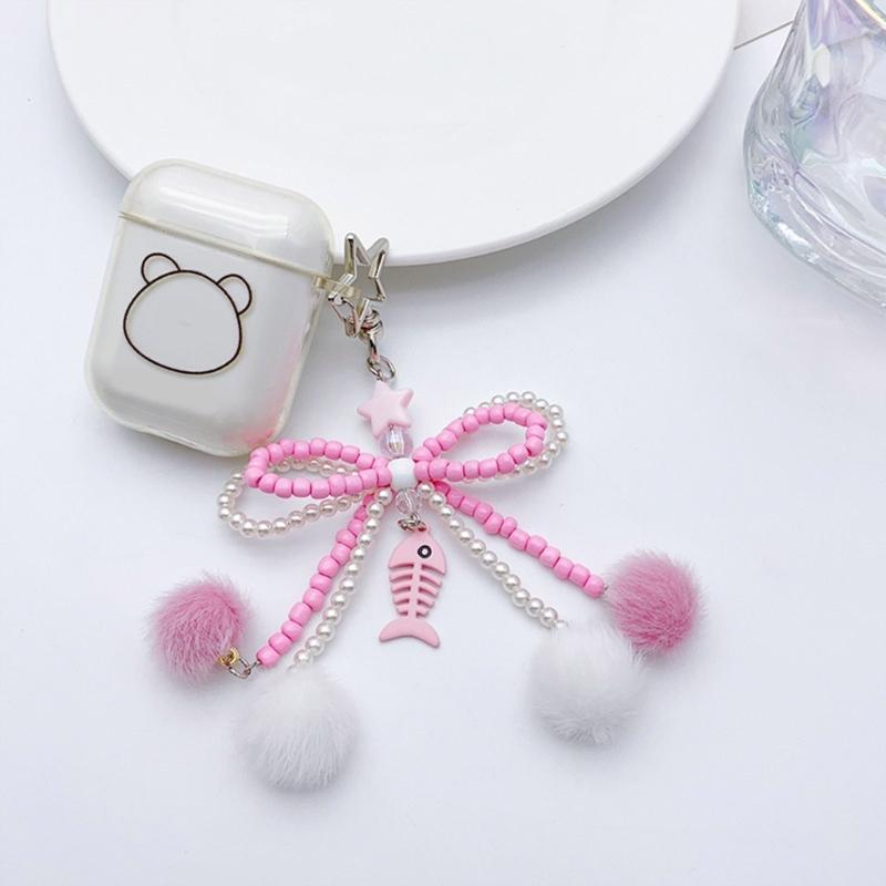Bowknot Plush Ball Hanging Pendant Portable Y2K Hanging Lanyard Sweet Cool Phone Strap Bag Decoration for Girls Women