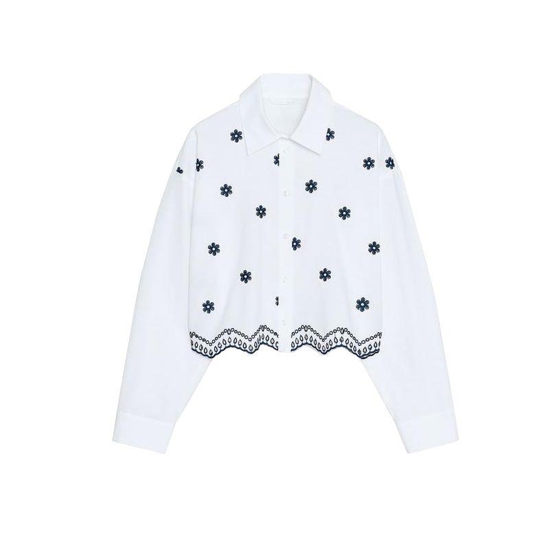 

Spring and Summer New Arrival Women s Floral Embroider Poplin Cotton Lapel Loose Long Sleeve White Shirt 3564065 White L