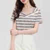 Retro striped V-neck short-sleeved T-shirt women's summer 2026new contrasting colors irregular niche thin front shoulder t-shirt top