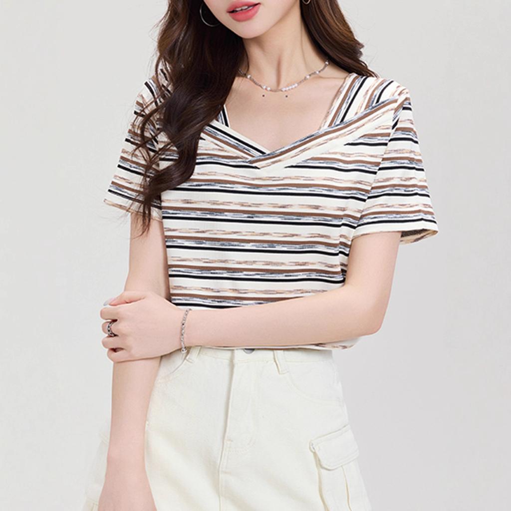 Retro striped V-neck short-sleeved T-shirt women's summer 2026new contrasting colors irregular niche thin front shoulder t-shirt top