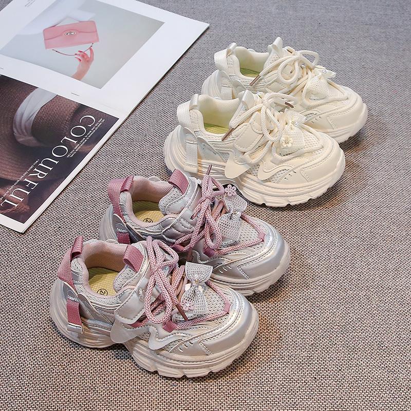 Girls Sports Shoes Princess Style Kids Sneakers with Lace Bow Sweet Flower 2025 New Fashion Girls Running Shoes Mesh Breathable