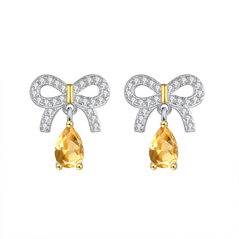 S925 Sterling Silver Sweet Cool Wind Natural Crystal Stone Stud Earrings Bow Simple Temperament Love Earrings Women Jewelry Gift