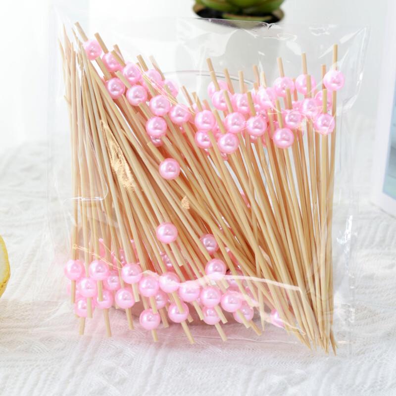 ZISIZ Pink Bead Bamboo Cocktail & Fruit Picks