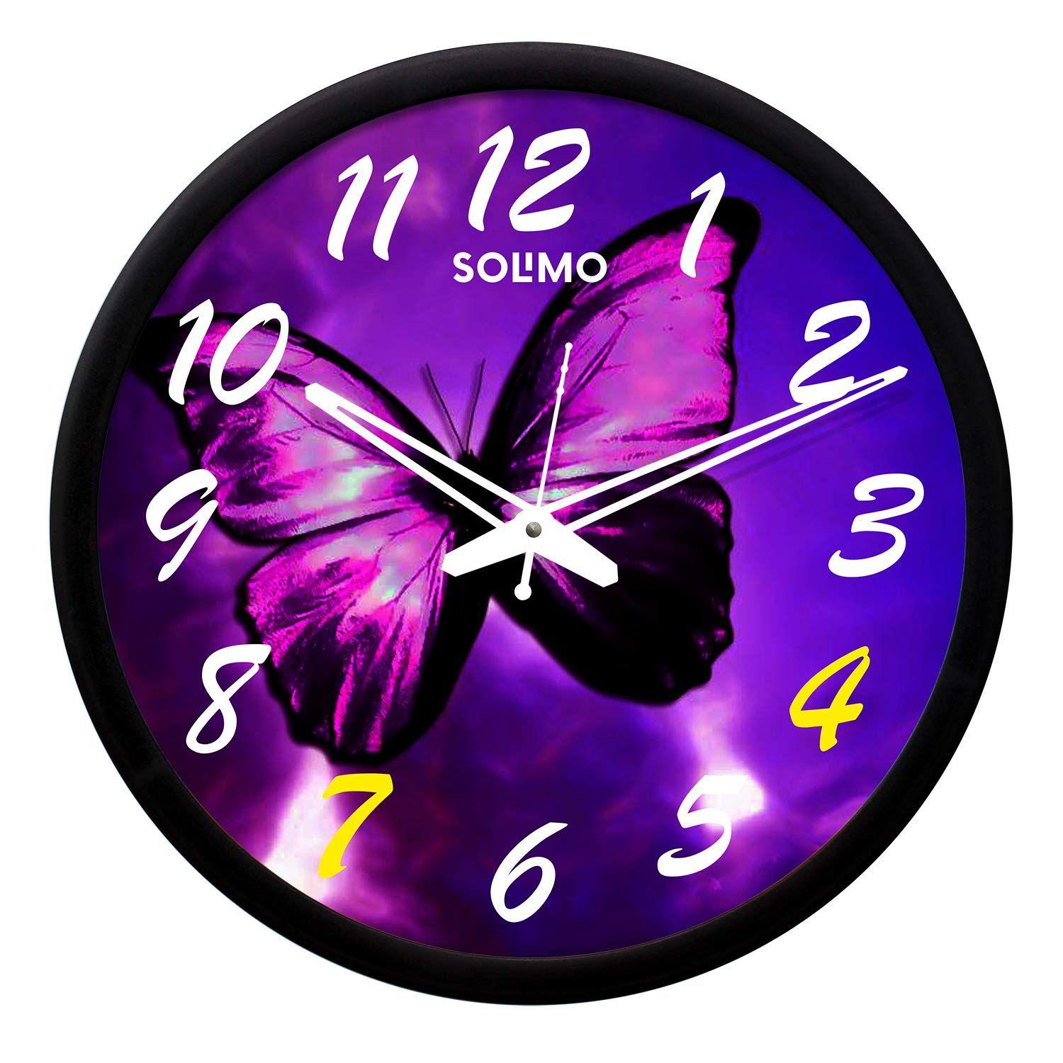 

12-inch Plastic & Glass Wall Clock -Colourful Butterfly (Silent Movement, Black Frame)