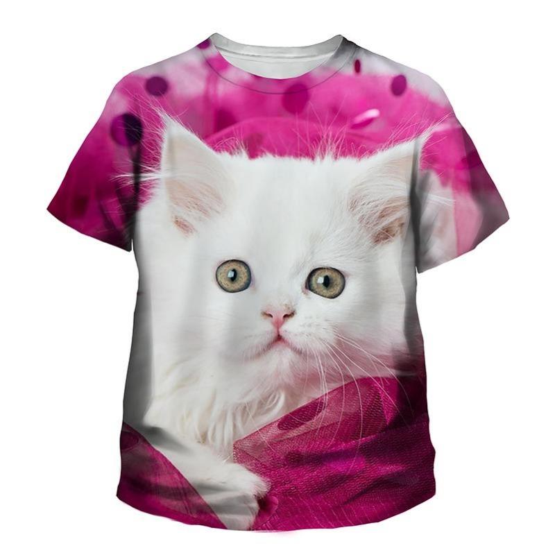 Summer Round Neck 3D Printed Cute Cat Pattern Top Fashionable Casual Short Sleeved Children's Boy and Girl Kids Unisex T-shirts