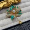 Fashion Elegant Women Girls Pearl Enamel Lotus Crystal Brooch Badges Exquisite Lady Classic Drip Oil Flower Pin Accessories