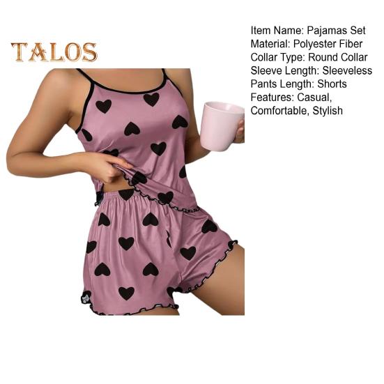 Women's Cami Pajama Set Sleeveless Heart Print Tank Top And Ruffle Shorts Sleepwear Set Summer Two Piece Loungewear Suit