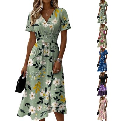 Womens V Neck Short Sleeve Floral Print Midi Dress Casual Loose Fit Summer Dress with Waist Design for Daily Wear