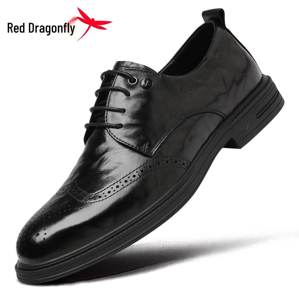 2026 Red Dragonfly Men's Brogue Leather Formal Shoes with Velvet, Genuine Leather, Perforated Design, Ideal for Weddings and Business.