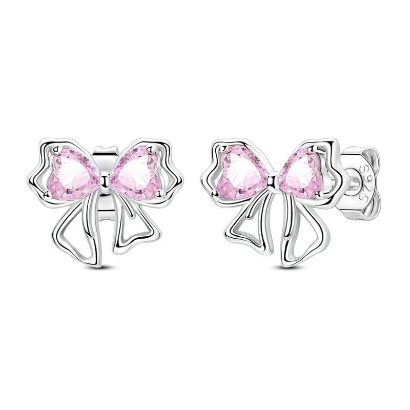 925 Silver Pink Bow Charms Earrings Rings Christmas Bell Pendant for DIY Jewelry Gift