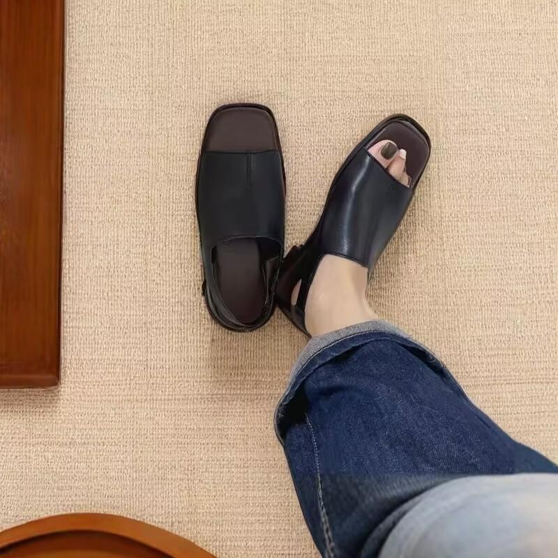 Damesandaler Flate Sandaler Mote Påtrekk Firkanttå Åpen Tå Elastisk Bånd Tøfler Casual Sommer Strand Slidesko