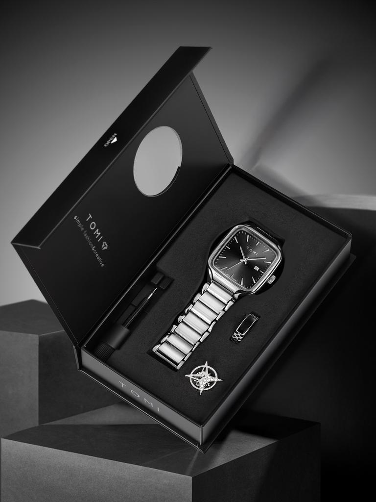 Men Square Quartz Watch Stainless Steel Strap Classic Fashion Wristwatch Gift Set