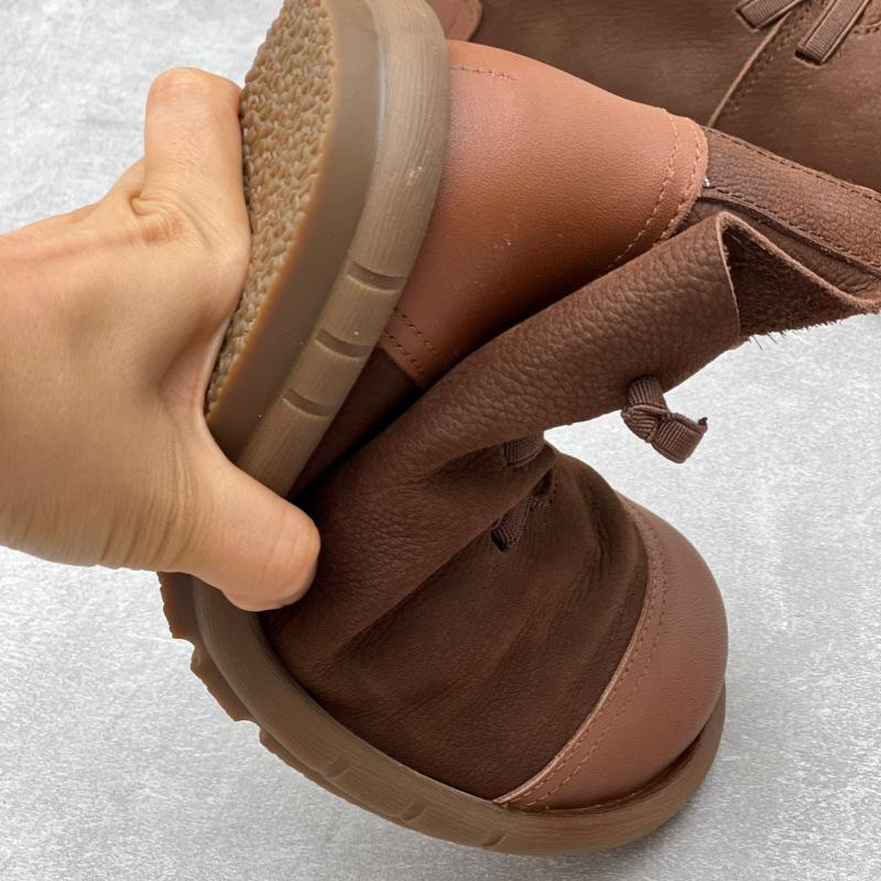 Johnature bottes courtes rétro en cuir de vache faites à la main, bout rond, sangle élastique, chaussures décontractées en cuir véritable pour femmes