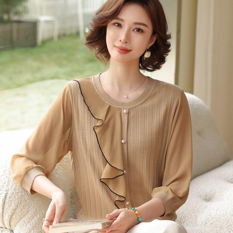 

Stylish Gauze Sleeve Knit Top for Middle-Aged & Elderly Women - Lightweight Seven-Sleeve T-shirt for Spring & Summer XL (115-125 lbs)