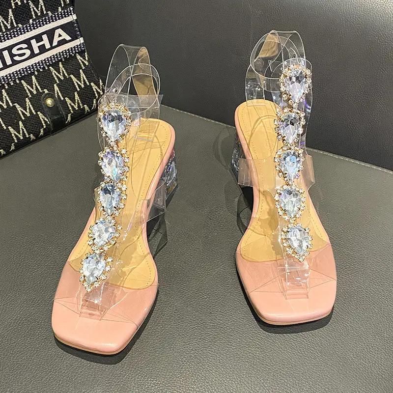 Plastic Sandal Block Heels Summer Sale Of Women's Shoes Suit Female Beige Buckle Strap All-Match Transparent Chunky Fashion