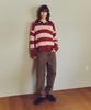 KNITTED Open Collar Striped Knit Red