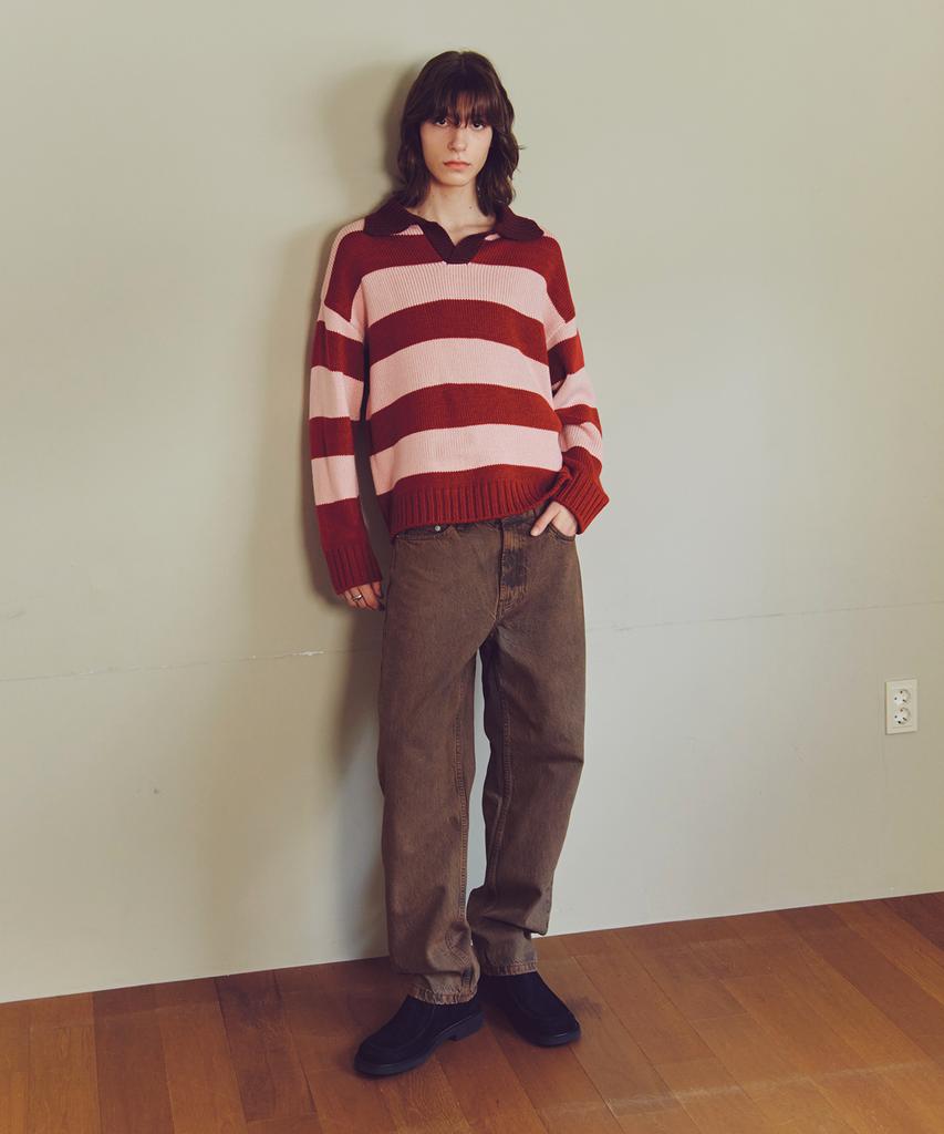 KNITTED Open Collar Striped Knit Red