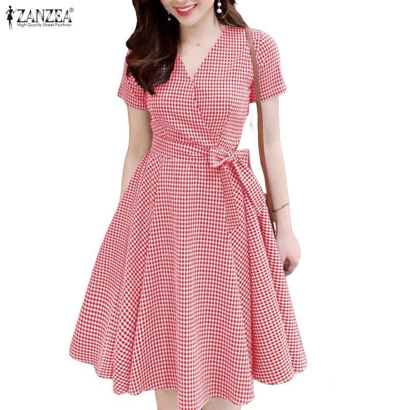 ZANZEA Women Casual V-Neck Summer Short Sleeve Plaid Print Dress