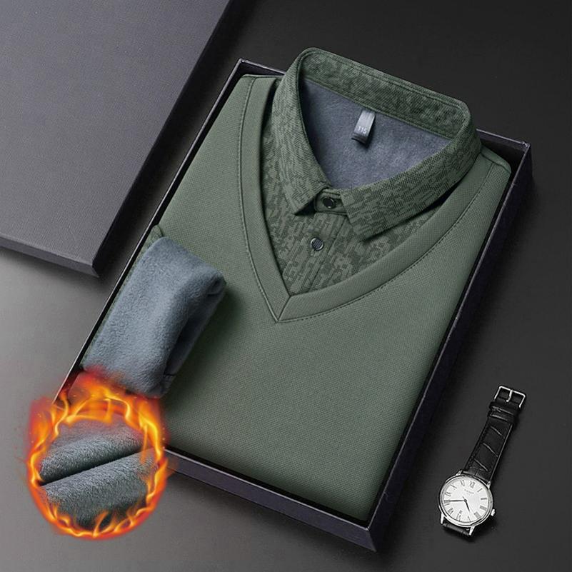Plus Samt Herren Langarm T-Shirt Winterurlaub Zweiteiler Mittleren Alters Revers Verdickt Warmes T-Shirt Herren Unterhemd