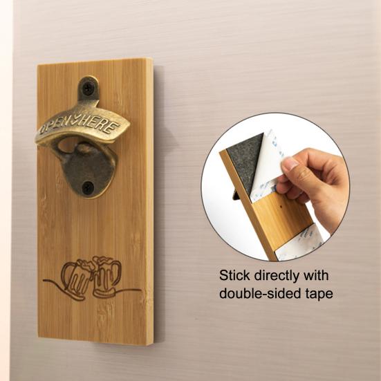 Bamboo Magnetic Bottle Opener, Wall Mount Beer Cap Catcher with Strong Magnet, Rustic Wood Fridge Opener for Home Bar