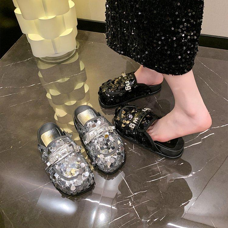 Doll Head Sequined Bag Head Half Slippers Women's 2025 Spring New Versatile Rhinestone Platform Lazy Shoes Cool Slippers Tide