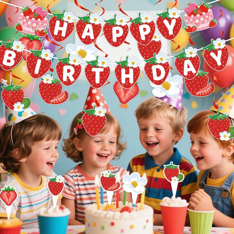 Holiday Birthday Party Cake Topper & Décor Set with Strawberry, Banner, Flowers, and Spiral Pendants