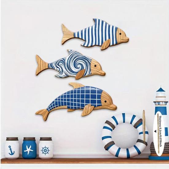 3Pcs/Set Geometric Wooden Dolphin Wall Decoration, Striped Wavy Plaid Fish Wall Art, Nautical Wall Hanging Ornament for Beach House, Bathroom
